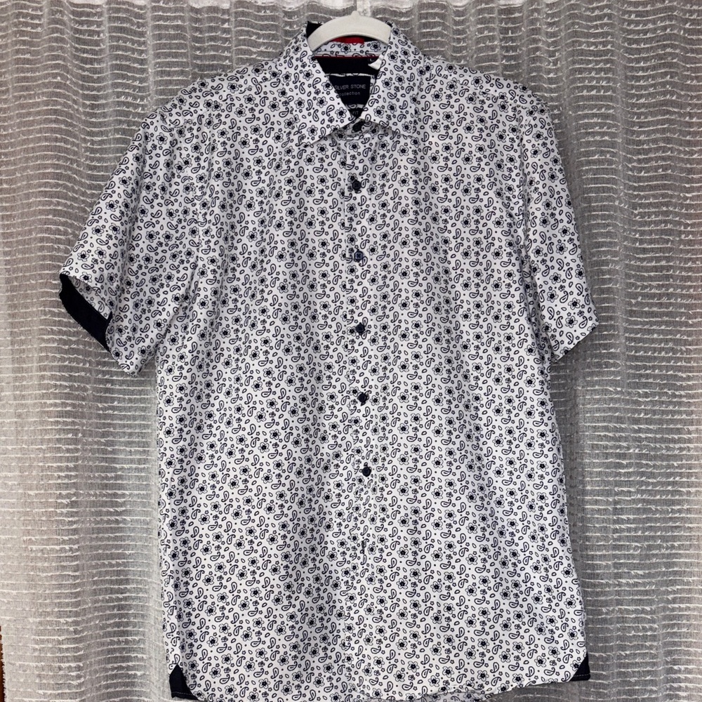 Men Short-Sleeve Paisley Button-Down Shirt - White/Navy